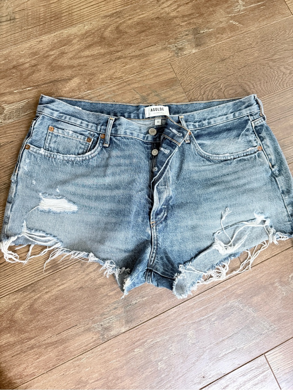 Agolde Parker Faded Blue Distressed Denim Cutoff Shorts